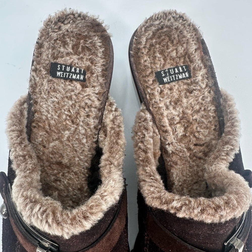 Stuart Weitzman Brown Suede Clogs with Fur Trim - Picture 3 of 7